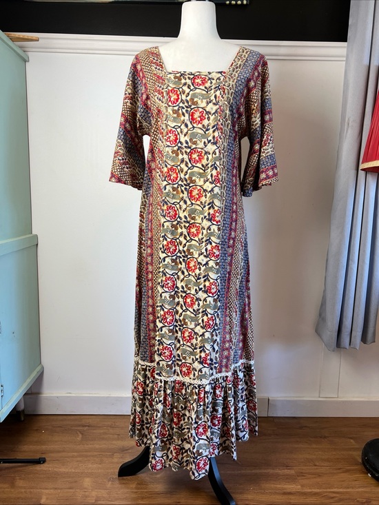 Vintage Dresses & Skirts - Boho Kaftan Floral Patchwork Maxi Dress Hippie MuuMuu Caftan Two Potato